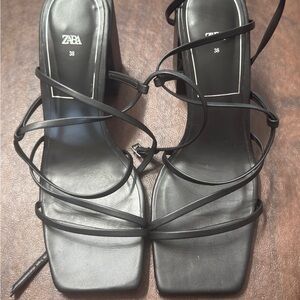 ZARA Black Strappy Square-Toe Lace-Up Heels